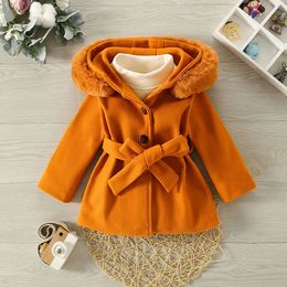 Jackets Autumn and Winter Girls' Big Wool Collar Hooded Woollen Coat Children's Cute Solid Belt Bow Fleece 231122