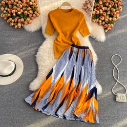 Two Piece Dress Pinkou Women Elegant Orange Blouse Set Short Sleeve Knitted Shirt Elastic Waist Midi Skirt Summer Two Piece Set Mujer TZ33 230422