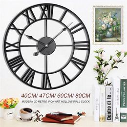 Wall Clocks 40 47 60 80cm Modern 3D Large Retro Black Iron Round Art Hollow Metal Clock Nordic Roman Numerals Home Decoration1235M