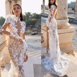 Arabia Mermaid Wedding Dress 2024 Berta High Collar Side Slit Illusion Lace Appliques Long Sleeve Sweep Train Boho Bridal Gown