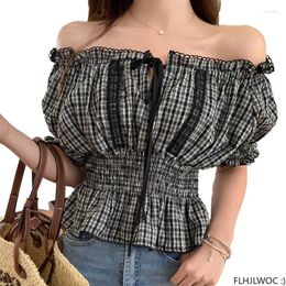 Women's Blouses Chic Korea Off Shoulder Crop Tops Blusas Women 2023 Summer Bow Tie Slim Waist Black Lace Belly Peplum Short Plaid Shirts