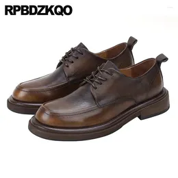 Dress Shoes Cowhide Formal Men Flats Round Toe Oxfords Derby Classic Genuine Leather Italian Brown Lace Up High Quality Bridal