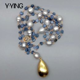 Chokers YYING Blue Kyanites Grey Rice freshwater Pearl statement Necklace Teardrop Brushed Gold Plated Pendant 21 231121