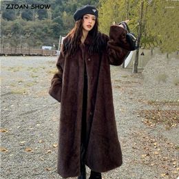 Women's Fur Winter Vintage Brown Lapel Mink Faux Coat CHIC Women Full Sleeve Loose Warm Below Knee Maxi Long Jacket