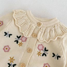 Jackets Kid Coat 2023 Autumn And Winter All Matching Baby Girls Children Flowers Embroidered Lotus Collar Knit Long Sleeve Cardigan