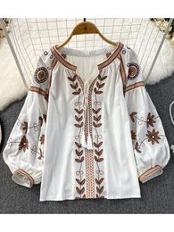Women's Blouses Shirts Women Spring Blouse Vintage Ethnic Style Long Sleeve Round Neck Loose Embroidered Cotton Hemp Pullover Shirt Casual Top D3551 231121