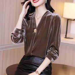 Women's T Shirts Gold Velvet Solid Women Bottom T-Shirts Autumn Korean Fashion Simple Office Lady Versatile Button Loose Long Sleeved V-neck