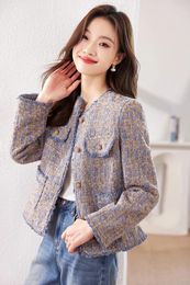 Women's Jackets 2023 Autumn And Winter Elegant Weave Plaid Women Blazer Pocket Causal Tweed Coat Office Ladies Suit Jacket