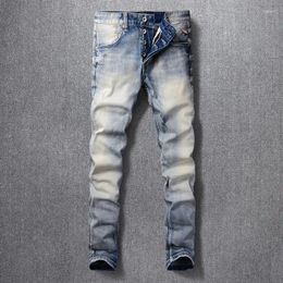 Men's Jeans Italian Style Fashion Men Retro Light Blue Plain Washed Elastic Slim Fit Ripped Vintage Designer Buttons Pants