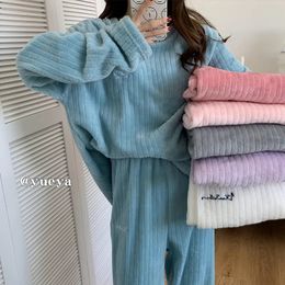 Womens Sleepwear Autumn and winter flannel pajamas womens twopiece coral fleece homewear loose casual striped simple 231122