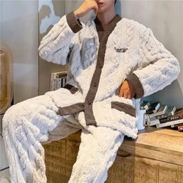 Mens Sleepwear 2024 Men Winter Warm Flannel Pajamas Set VNeck Fluffy Coat Long Pants Male For Sleeping 2 Pieces Housewear 3xl 231122