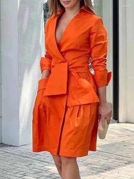 Casual Dresses Yeezzi Office Lady Stylish Solid Colour Tied Waist Deep V-Neck Work Dress 2023 Spring Autumn Long Sleeves A-Line Mini