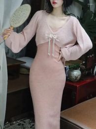 Work Dresses Winter Vintage Sweater Two Piece Set Women Korean Designer Elegant Dress Suit Female Casual Knitted Tops Pink Midi 2023