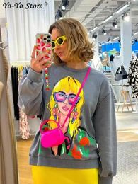 Women's Hoodies Cartoon Contrast Printed Sweatshirts Women Loose O-neck Long Sleeve Pullovers Female 2023 Autumn Fashion Casual Ladies Top