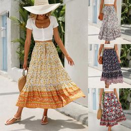 Skirts Fashion Bohemian Long Skirt Women's Elegant Holiday Summer Casual High Elastic Waist Floral Print Sea Blue Retro