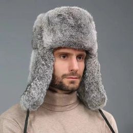 Hats Trapper Hats Winter Russian Man Woman Wholeskin Natural Rex Rabbit Fur Luxury Real Sheep Skin Leather Cap Bomber Hat Ushanka 23112