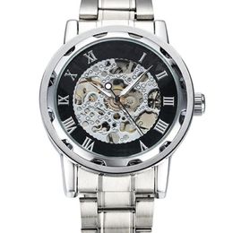 Wristwatches 50% S Men Skeleton Roman Numerals Hollow Dial Stainless Steel Band Mechanical Watch