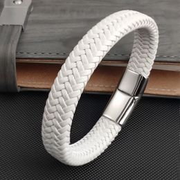 Charm Bracelets Fashion Simple White Leather Braid Bracelet Stainless Steel Buckle Clasps for Men Handmade Bangle Wholesale Charm Jewelry Gift 231121