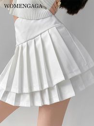 Skirts WOMENGAGA Double Pleated skorts Women Korean Skort Summer Sexy Y2k High Waist Patchwork Solid Mini Skirt A-line Preppy Style Q8W 230422