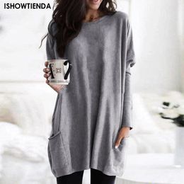 Women's T Shirts 2023 Women Autumn Fashion Tunic Top Pocket Solid Color Loose Round Neck Long-sleeved T-shirt Streetwear Casual Vintage