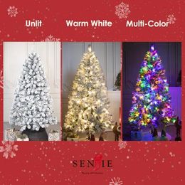 Pre-Lit Christmas Tree Artificial Snow Flocked Pine Tree Warm-White & Multicolored Lights, 8 Mode Functions,Metal Base,Home, Office, Party Decoration 5FT