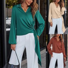 Women's Blouses Elegant Wrap V Neck Women Long Sleeve Chic Satin Blouse Ribbon Tie Front Solid Color Business Dress Shirt Camisa