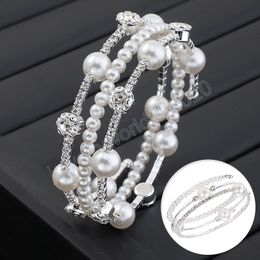 Crystal Pearl Bracelet Ladies Rhinestone Multi-layer Adjustable Bangles Cuffs Silver Plated Charm Bracelets Women Jewellery Gift