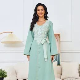 Ethnic Clothing Abaya Arab Apparel Women's Round Neck Beaded Long Sleeve Elegant Dress With Belt Dubai Ramadan Gurban Muslim For Women