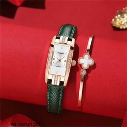 Rosdn Couple Watches Rosdn Watch Women's Fashion Diamond Small Square Watch Women's Watch Waterproof Belt Style Women's Watch Green Leather White Face 3-pin L3136-2 HBJF