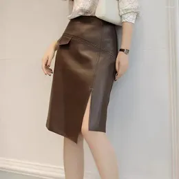 Skirts Korean Style Slim Split Midi PU Coffee Faux Leather Irregular Pencil Skirt