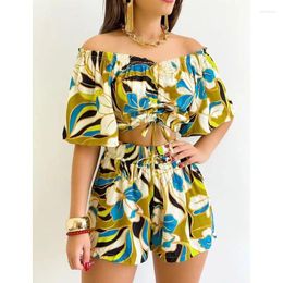 Women's Tracksuits Fashion Sexy Printing Two-Piece Suit One-Word Collar Trumpet Sleeve Off Shoulder Slim Top Loose Shorts Casual Beach