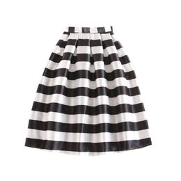 Skirts BunniesFairy Summer Women Black and White Horizontal Block Stripe Geometric Print Pleated Midi Skirt for Office Work 230422