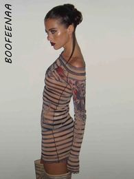 Basic Casual Dresses BOOFEENAA Sexy Off Shoulder Long Sleeve Bodycon Dress Y2k 2000s Aesthetic Striped Print Nude Mesh Sheer Short C87 BE12 231122