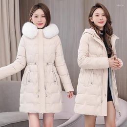 Women's Trench Coats Winter Down Cotton Coat Women Mid Length Slim Jacket Hooded Fur Collar Waist Drawstring Female Overcoat White