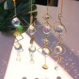 Crystal Geometric Wind Chime Star Moon Pendant Sun Suncatcher Plated Colourful Beads Hanging Drop For Outdoor Indoor Garden Q0811214t