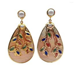 Stud Earrings YYGEM 42x62mm Natural Yellow Sea Shell Gold Plated Multi Colour Agate Drop