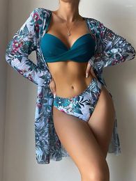 Women's Swimwear Three Pieces Bikini Set Cover Up Women 2023 Push Twist Swimsuit Print Long Sleeve Sexy Bathing Suit Summer