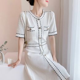 New Women's summer o-neck short sleeve Colour block knitted high waist a-line knee length sweater dress plus size SMLXLXXL