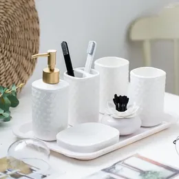 Bath Accessory Set Bathroom Pattern Simple Cup Emulsion White Toothbrush Relief Soap Five-piece Accessories Of Ceramic Bottle Dish