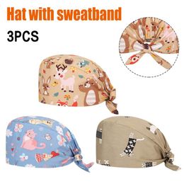 Wide Brim Hats Scrub Cap With Buttons Print Bouffant Hat For Womens And Mens Adjustable Multicolor Sweatband Stand-Ear