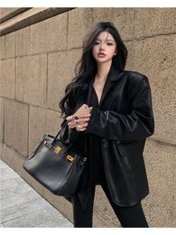 Women's Suits UNXX Black Leather Blazers High Street Motorcycle Suit Jackets Lapel Long Sleeve Loose Cardigans Winter Female Clothes Y2k