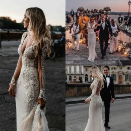 2023 Boho Mermaid Wedding Dresses Bridal Gown Long Sleeves Ruffles Sweep Train Deep V Neck Lace Applique Custom Made Country Plus Size vestido de novia