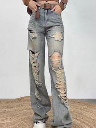 Women's Jeans Loose Heavy Industry Beads Fashion Personality Versatile Streetwear Wide-leg Pants Trend Button Punk Style Hole