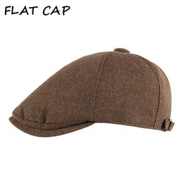 Berets FLAT CAP Linen Mens Beret Hats Summer sboy Cap British Style Retro Adjustable ed Khaki Black Dark Brown 230421