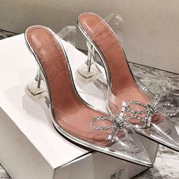 Dress Shoes 2023 Luxury PVC Transparent Butterfly-knot Women Pumps Crystal Pointy Toe Perspex Spike Heel Back Strap Sandals Shoes