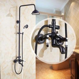 Black Retro Shower Set With Ceramic Arm Lifting Shower Set Antique Solid Brass Shower Body And Head System X0705291m