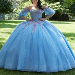 Skly Blue Ball Gown Prom Dress Quinceanera Dress Sweetheart Applique Beaded 3DFlowers Tull Formal Dresses vestidos de 15