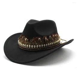 Berets Unisex Cowboy Hats Style Western Caps For Women And Men Woollen 57-58cm Decorative Feathers Wide Straps Four Seasons