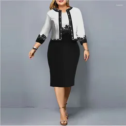 Casual Dresses Fashion Dress Set Clothes Women 3/4 Sleeve Jacket Tops And Slim Suit Autumn Print Office Lady Outfits 2023