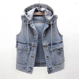 Women's Vests Casual Slim Removable Hooded Denim Vest Women Short Waistcoat Big Pocket Sleeveless Jacket Autumn Vintage Jeans Female